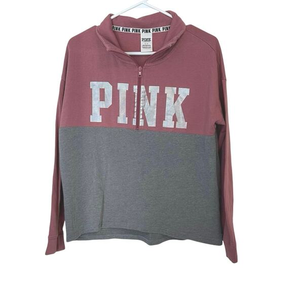 Victoria's Secret Pink Tops - Victoria’s Secret PINK Quarter Zip Pullover Sweatshirt Size S Pink/Gray Logo